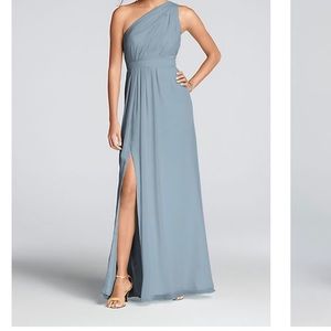 David’s Bridal one shoulder chiffon bridesmaid dress light blue